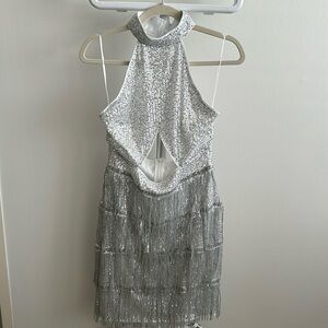 Silver Sequin Fringe Halter Swing Dress NEW medium